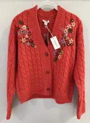Sundance Catalog Orange Embroidered “Pocket Of Posies Cardigan” Size S $158