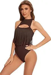 [Wudodo] Women's Cowgirl Fringe Trim Sleeveless Bodycon Halter Leotard Cutout Front Bodysuit Western Country Concert Outfits Tassel Top