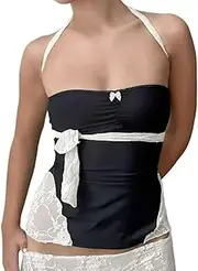 Best RoseLace Patchwork Tube Top Bow Tie Strapless Stretchy Sheer Cutout Sexy Clubwear Bustier Going Out Top Cusalwear