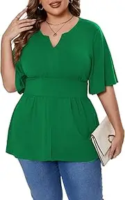 [Beauhuty] Women's Plus Size Shirts V Neck Pleated Tops Ruffle Short Sleeve Blouse Casual Trendy Flowy Dressy Shirred Tunic