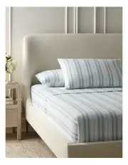 [Heritage] Printed Cotton Flannelette Sheet Set in Blue Stripe