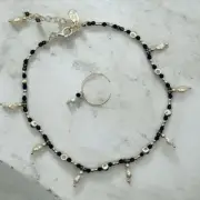 Sterling Silver Blue Gemstone and Cultured Pearl Anklet and Toe Ring Set .925