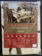 St Nicholas Square Christmas Tablecloth Oblong 60x84 Linen Wreaths Ribbons