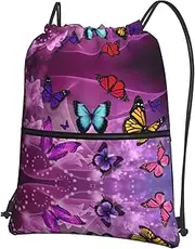 EdWal Purple Butterflies Print Drawstring Backpack Gym Bags Sports Bags With Zipper Pocket For Travel Beach, Black, One Size