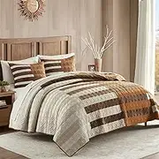 Wonderful Patchwork Quilt Set Queen Size Bedding Boho Coverlet Luxury Piano Key Design Striped Bedspread Brown Beige Bed Cover Velvet Lightweight Comforter Soft Brushed Microfiber Back for All Season