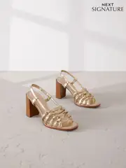 Gold Signature Premium Leather Square Toe Cage Slingback Block Heel Sandals (AL5344) | $141