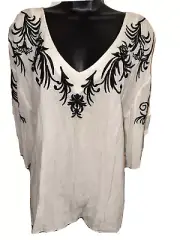Hinge White/Black Pullover Top Size 1 Long Sleeve Sheer Top Long V-Neck Women's