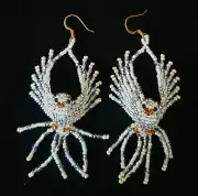 NEW Artisan Hand Beaded 3D WHITE & SILVER DOVE Bird Earrings