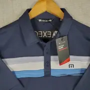NEW $98 TRAVIS MATHEW Performance Size Medium Mens Polo Shirt Blue Brush Stripe