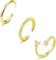 [Ritach] 3Pcs 925 Sterling Silver Toe Rings for Women 14K Gold Plated Thin Wire Adjustable Open Ring CZ Butterfly Twisted Rope Toe Rings Finger Rings Summer Beach Foot Jewelry Set