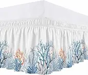 Ocean Coral Bed Skirt Queen Size, 16-Inch Drop Elastic Bed Skirting Orange Blue Dust Ruffles Bedding Decoration with Wrap Around Adjustable Bedskirt for Queen Bed