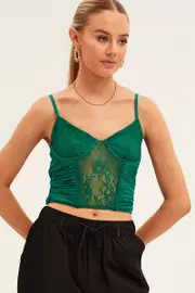 Green Singlet Sleeveless Sweetheart Crop Lace - Size 10, Women's Singlet