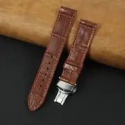 18mm Brown Real Crocodile Leather Watch Strap Flat Watch Band Silver Deployment