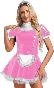[RUNQHUI] Women's Wet Look Leather Frilly Lace Mini Apron Dress French Maid Cosplay Costumes Club Party Wear