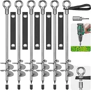 Insaga Fully Welded Ground Trampoline Anchors, 30'' Spiral Mobile Home Anchors, 6pcs Earth Anchor Heavy Duty Shed Anchor Kit with Straps for Securing Swing Sets, Animals, Trees, Tents, Shed, Carport