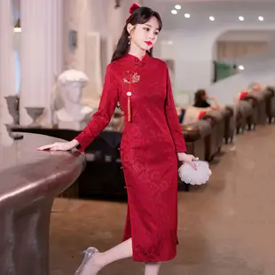 新中式傳統現代改良旗袍優雅漂亮女式紅色旗袍派對禮服 CNY