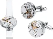 [Vodafor] Watch Movement Silver Cufflinks and Tie Bar Clip Set for Men – Stylish Accessory Gift Set, Medium, Metal, No Gemstone