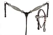 Western Set of Headstall and Breast Collar with Hairon Overlay and Stones/Fringe