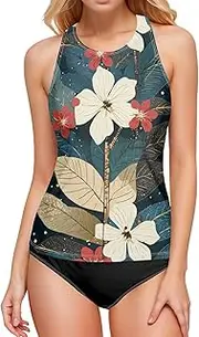 [AIXIWAWA] Women's Tankini Tops-White Flower Leaf, Swimsuit Top for Beach Pool Vacation S