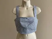 Lulus Women’s White & Blue Plaid Sleeveless Side Zip Cropped Top s M