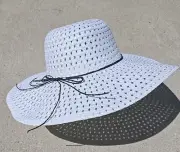 Wht Foldable Ladies Wide Brim Straw Beach Floppy Summer Sun Visor Hat W/ Ribbon