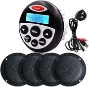 Marine Bluetooth Stereo Speaker Package - Weatherproof MP3 USB AM FM Marine Gauge Receiver with 4 Inch x 4 White Marine Speakers and USB 3.5MM AUX to RCA Interface Mount Cable 304-4001-USB (Black)