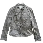 NEW Banana Republic Military Jacket Snap Front Ruffle Army Green Womens 8 Petite