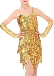 [iiniim] Kids Girls Salsa Rumba Tango Dance Costume Sequin Tassel Latin Dance Dress Gymnastic Leotard 3-12 Years