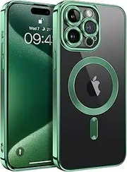 DOMAVER iPhone 15 Pro Max Case Clear Magnetic, Compatible with MagSafe, Shockproof Anti-Yellowing Anti-Scratching Plating Edge Case for iPhone 15 Pro Max, Clear/Green