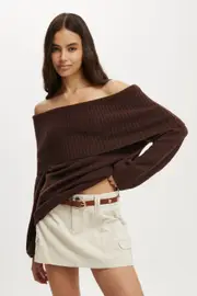 [Cotton On Women] Cotton On Women - Luxe Off Shoulder Pullover - Dark oak M DARK OAK