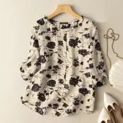 ZANZEA Women Flowers Print Shirt Ruffled stand-up Collar Design Vintage Blouse Medium-length Sleeve Plus Size Blouse Top