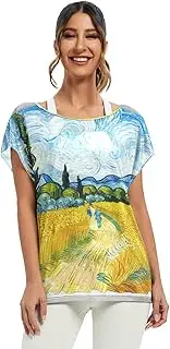 [RPLIFE] Wheat Field Blue Swirling Sky Summer Blouse, Casual Blouse Batwing Shirt Women S-XXL
