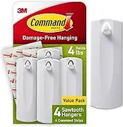Command Sawtooth Picture Hangers, Damage Free Hanging Frame Hangers, No Tools Wall Hooks for Hanging Sawtooth Frames in Living Spaces, 4 White Picture Frame Hangers and 8 Command Strips