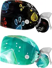 [YTYVAGT] 2-Pc,Nurse Scrub Caps,Scrub Hats with Buttons and Cotton Sweatband,Dog Cat Foot Print