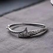 [HEYONA] Women Jewelry 925 Silver Sterling Bracelet Fashion Cuff Bangle Chain Bracelets,Vintage Carving Fish Inlay Cuff Bangle Friendship Bracelets Sterling Silver Jewellery for Womenfriend Wife Clothing