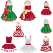 Kids Girls Christmas Dress Ballet Dance Costume Patchwork Stripes Print Skirts