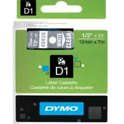 Dymo 45020 D1 Labelling Tape 12mmx7m White On Clear
