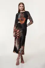 Petite Viscose Satin Long Sleeve Bias Cut Woven Midi Dress
