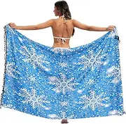 [RPLIFE] White Snowflakes Blue Sarong Beach Swimsuit Cover Up Fringe Beach Sarongs for Women, Large, White Snowflakes Blue, Large