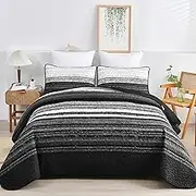 DJY Black Striped Quilt Set King Size, Boho Stripe Patchwork Bedspread Coverlet Set Soft Microfiber Quilt Bedding Set 3 Pieces for All Season(104"x90")