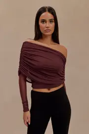 Everly Sheer Mesh Off Shoulder Top - Mahogany