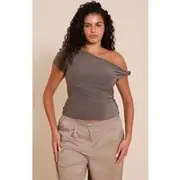 Plus Mushroom Double Layer Slinky Asymmetric Knot Detail Long Top, Mushroom
