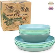 Grow Forward Wheat Straw Kids Plates and Bowls Sets - 8-Piece Unbreakable Dishwasher & Microwave Safe Plastic Plates for Kids - Reusable Non Toxic BPA-Free Dinnerware for Children - Rainforest