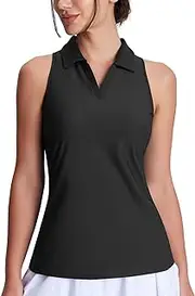 [Emlovm] Women's Golf Shirts Sleeveless Racerback Slim Fit Tennis Tank Tops V-Neck Collared Polo Quick Dry UPF 50+