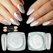 U-Shinein Chrome Nail Powder, Super Glossy Mirror Effect White Pearl Magic White Moonlight Effect Iridescent Pigment Powder, Pearlescent Iridescent Glitters Powder Metallic Pigment for Nails