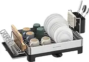 SONGMICS Dish Drying Rack, Stainless Steel Dish Drainer, Drainboard, Cup Holder, Fingerprint-Resistant, for Kitchen Counter, 31.7 x 57.2 cm, Silver and Black KCS030B01