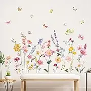 Flower Wall Decals Daisy Wildflower Grass Butterflies Wall Stickers Girls Bedroom Living Room Home Office Wall Decor