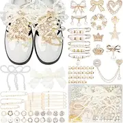 [Deinduser] 339 Pcs Shoe Charms for Sneakers, Gold Charms for Socks, Shoe Charms, Shoelace Charms, Shoe Charms for Sneakers Women, Shoe Decoration Charms, Shoe Charms Kit with Pearl Bow, Rhinestone, No