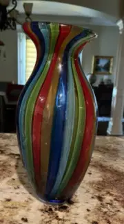 Murano Cristalleria D’Arte Hand Blown Stripe Art Glass 12” Vase