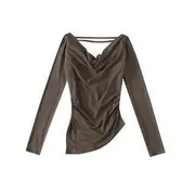 Long Sleeve Cold-Shoulder Plain T-Shirt Coffee - S
